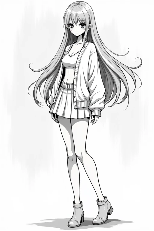 Deformation　girl　Glamour　Line art　anime　Long Hair　Mini character　Straight Hair　mini skirt　cardigan　Large Breasts