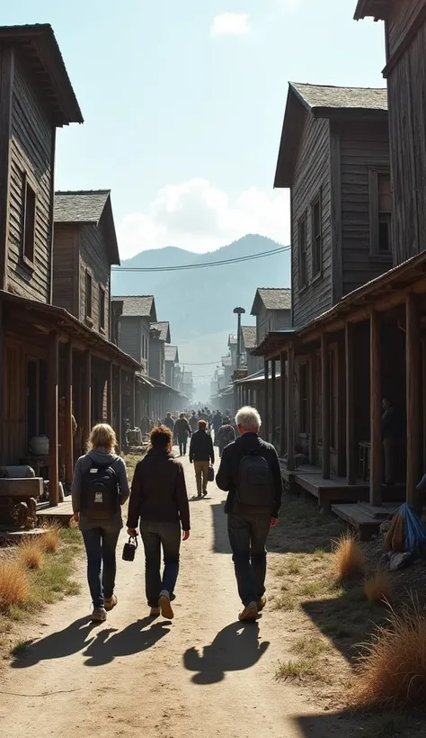 Eerie Ghost Towns Today: A modern-day view of a preserved ghost town, with weathered wooden buildings, rusted equipment, and untouched streets. Tourists with cameras walk carefully through the eerie silence, marveling at the town frozen in time.