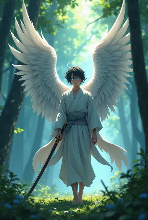 A tall boy with big angel wings and medium long hair and blue flaming eyes wearing white cloths holding a long japanese katana in forest