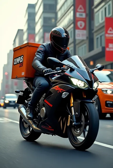 Kawasaki Ninja with a box that says OLYMPUS in big letters to deliver fast food 