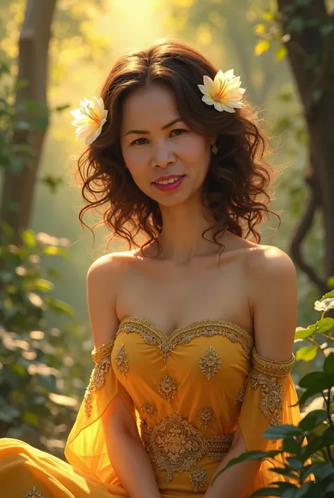 A serene and captivating portrait of a beauty thai woman The subject sits elegantly amidst a lush forest, adorned in a golden traditional Thai dress, her curly brown locks framing her radiant face. Her smile, though closed-mouthed, still conveys warmth as ...