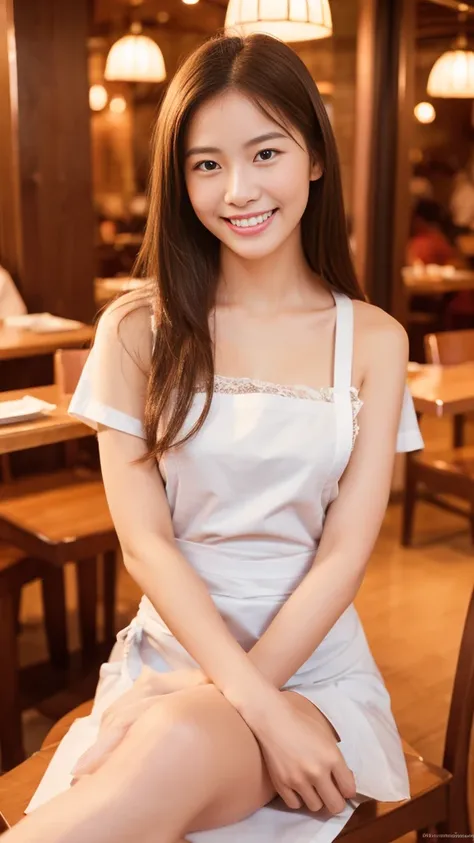 masterpiece, Ultra-high resolution, 4K, Best Quality, 1 person, whole body, Beautiful and exquisite face, Beautiful, smooth skin, Skin Texture, Medium Hair, apron, Sitting in a chair, restaurant, Having a meal, Smiling with teeth showing, 