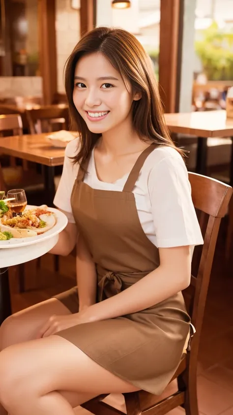 masterpiece, Ultra-high resolution, 4K, Best Quality, 1 person, whole body, Beautiful and exquisite face, Beautiful, smooth skin, Skin Texture, Medium Hair, apron, Sitting in a chair, restaurant, Having a meal, Smiling with teeth showing, 