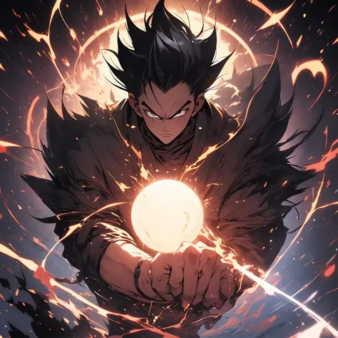 Seeing from the right, male, a character up to the waist, holding a black dark sphere of energy with white lightning parts like a lightning bolt illuminating around the sphere and in the middle of it, as if it were destroying the sphere and dodging, but it...