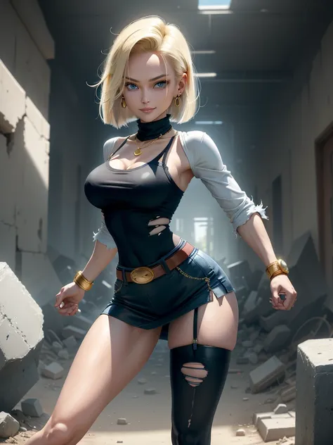 best quality, highres, and18, 1girl, android 18, solo girl, 1girl, blonde hair, blue eyes, belt, high heels, black long bodycon skirt, gold necklace, white blouse, short hair, blue sweater, earrings, medium breasts, cowboy shot, straight-on, sexy smile, co...