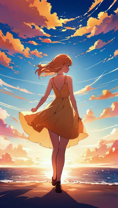 Seaside、Woman walking in the background、Walking in the distance、Walking with your back turned、sunny,Wearing a one-piece dress,