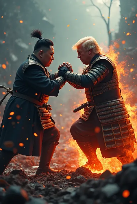 Kim Jong-un and Donalds Trump fighting, wearing samurai armor in the darkness Stinking Pile Of  Trash Rotting In Dump, red light mix blue, samurai on fire