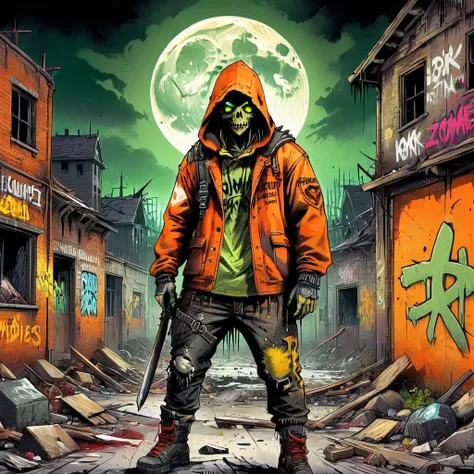 ((Postapocalyptic Wasteland, Abandoned place, crushed stone, destruction, destroyed buildings graffiti on the walls:1.5)), ((dark zombies, ragged clothes with a hood and weapons, dynamic pose, epic:1.6)), ((background dark, full moon night:1.4)), (masterpi...