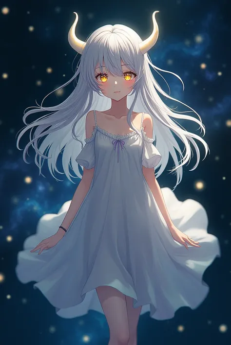 Anime girl with white hair, horns, yellow eyes, wearing nightgown in outer space 