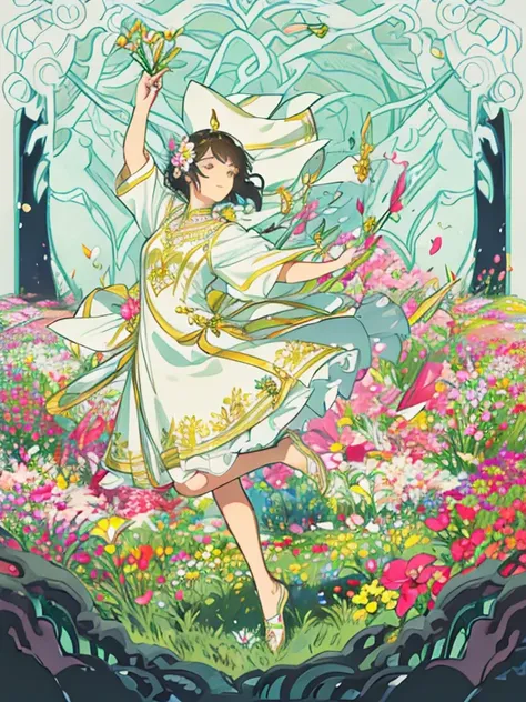 **プロンプト**:  
"In a vibrant and colorful flower field, a graceful dancer twirls and sways, her movements in perfect harmony with the countless types of blooming flowers surrounding her. The field is a tapestry of colors—roses, daisies, tulips, and lilies in...