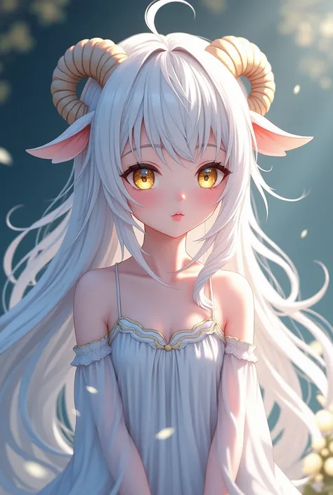 Anime girl with white hair, sheep horns, yellow eyes, wearing nightgown 