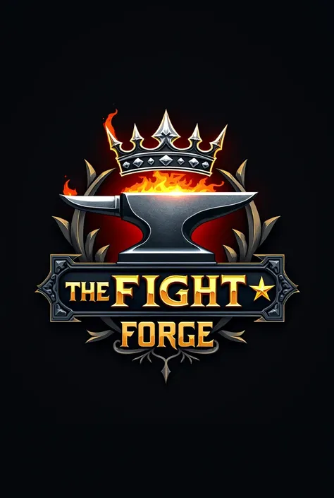 "Design a logo for The Fight Forge that conveys strength, discipline, and the spirit of a warrior. The logo should feature a bold, metallic forge or anvil at the center, symbolizing the place where fighters are shaped and refined. Above the forge, include ...