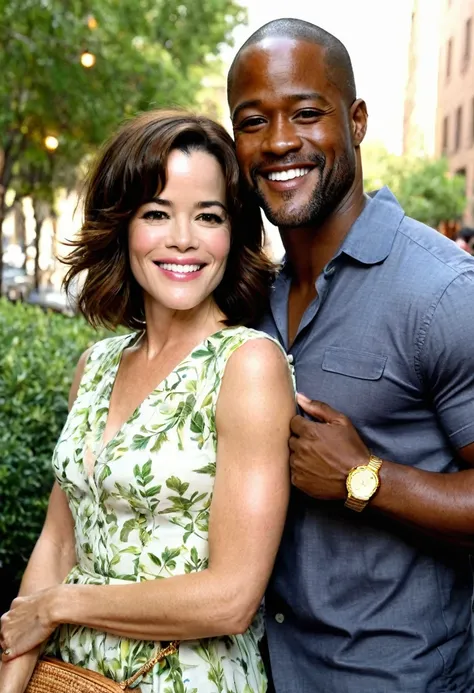 Caucasian actress Parker Posey and a handsome African American male whose facial features are a combo of Taye Diggs + Blair Underwood + Charles Michael Davis pose together for a photo. Both are smiling. Both are attired attractively but casually for a date...