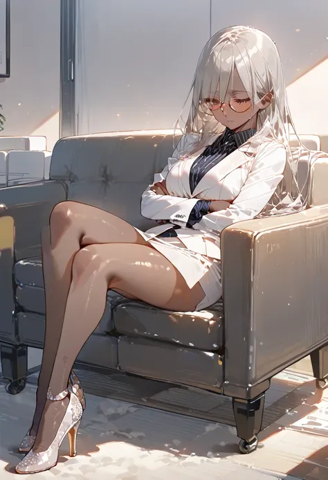 Grey Hair，Long Hair，Straight hair，Brown skin，Sunburned skin，Glasses，Mature Woman，Long eyelashes，White suit，Sharp Eyes，Cross your arms，Office，Thighs，Short skirt，High heels，Sofa，sleep，Sleep