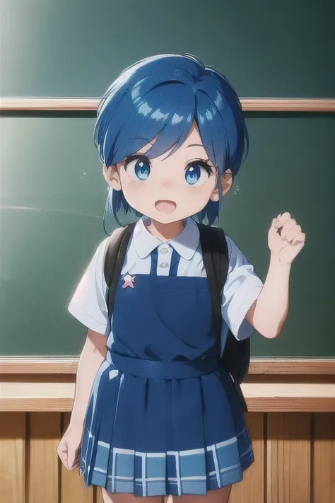 A kind of anime school, Blue Hair, without underwear, blue eyes, View from the front. Full of adorable students, la mayoría girls con uniforme escolar: White shirt, short plaid skirt and some kids in anime boy uniform. toddler, girl. Some carry backpacks. ...