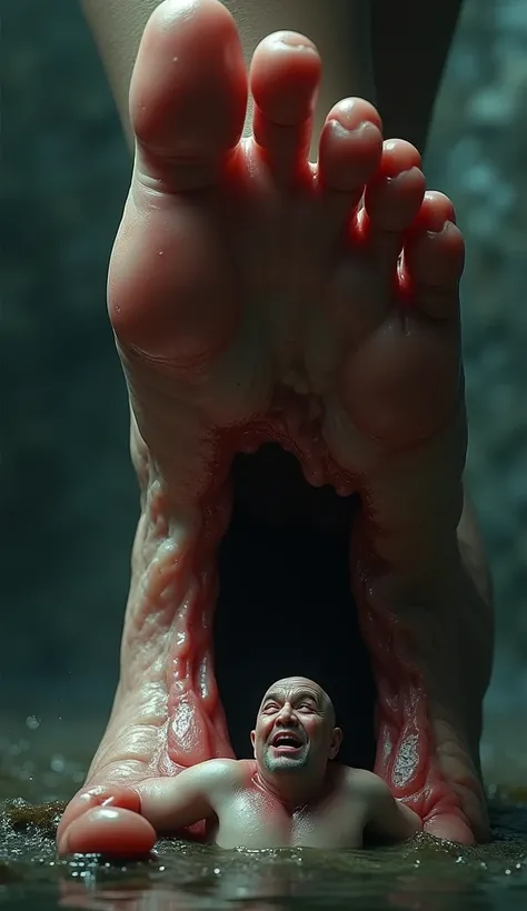 a disgusted shrinking man emerging from a giant womans wet sole, stuck to it, highly detailed portrait, intricate facial features, realistic skin textures, dramatic lighting, moody atmosphere, dark fantasy, cinematic composition, photorealistic, award winn...