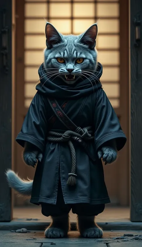  A humanoid gray male cat stand  at door in japanese style ,he wear ninja  dress dangerous personality, evil 😈 smile on his face ,detailed eyes, furry 