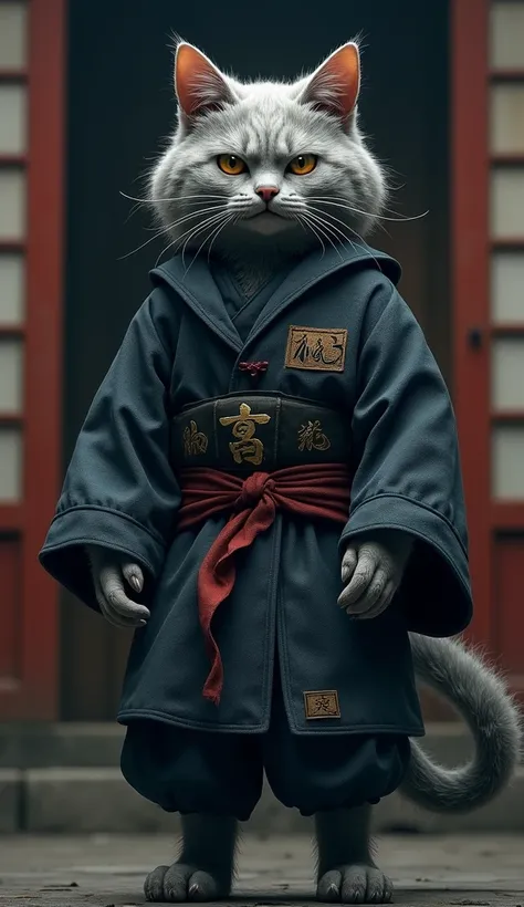  A humanoid gray male cat stand  at door in japanese style ,he wear ninja  dress dangerous personality,tallestheight,evil 😈 smile on his face ,detailed eyes, furry 