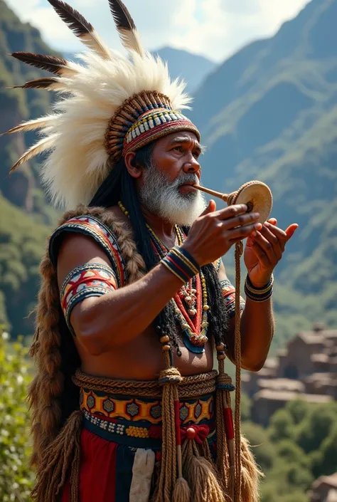 An Inca man playing a pututu with white plumes on his head and a quipu in his other hand