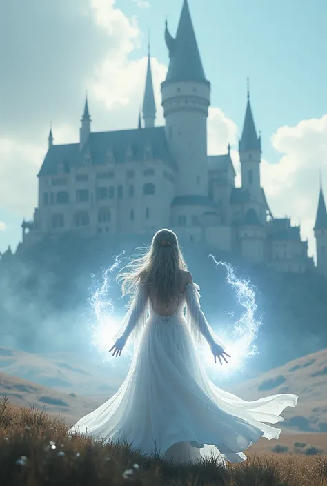 white girl white magic powers in a big land in front to a castle, white the camera behind y la silueta