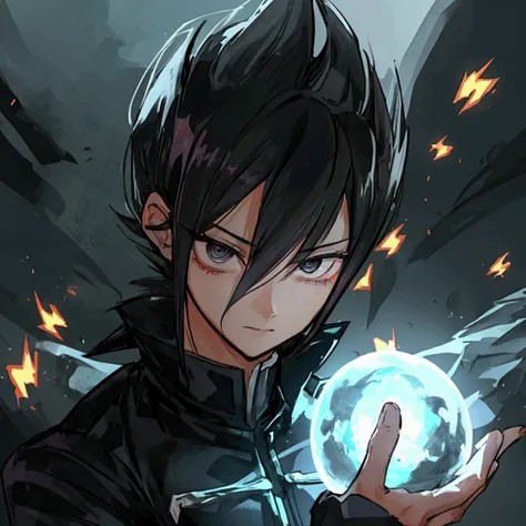 Seeing from the right, male, a character up to the waist, holding a black dark sphere of energy with white lightning parts like a lightning bolt illuminating around the sphere and in the middle of it, as if it were destroying the sphere and dodging, but it...