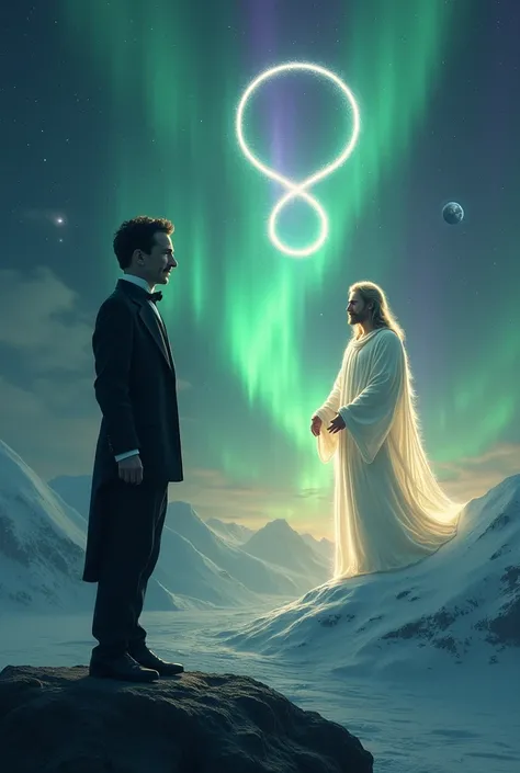 Tesla looking at Jesus Christ , infinity sign , polar aurora, Alfaro, planet Earth.