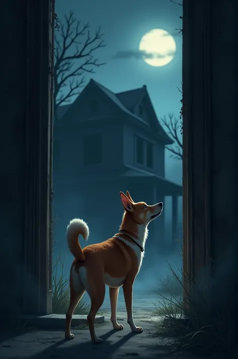 The cute dog, standing near the entrance of the abandoned house, raises its nose to sniff the air. Its  is tense, and its ears are perked up as if sensing something strange. Dark shadows surround the dog, and faint mist rises from the ground. The air feels...