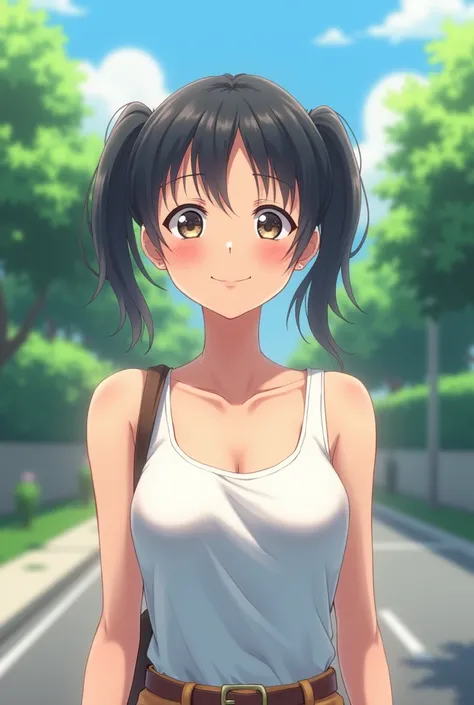 Japanese,be sweating,sweat stain, white tank top,summer clothes,high school girl, smiling warmly, 
she walks home high resolution, masterpiece, Anatomically correct, 高quality, Twin tails, quality, Reality, 