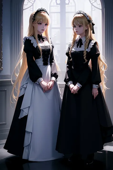 Dynamic full-body composition。［［Full body of two girls with long blonde hair、One girl has long straight blonde hair, a black maid outfit, and a black ribbon headdress on her head.。The other girl has blonde, curly princess hair, a light blue maid outfit, an...