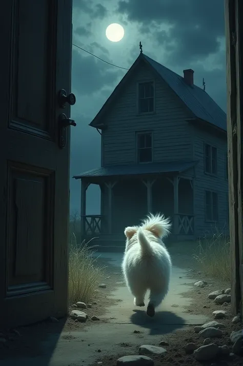 "A cute white dog dashes toward the entrance of an old, abandoned house. The door is slightly ajar, revealing a dark interior filled with shadows. The dogs small paws kick up dust as it runs, and its tail trails behind it. The surrounding area is covered i...