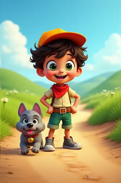 Description: A cheerful young cartoon boy named Jadoo stands confidently on a dirt path. He has curly brown hair and large green eyes, and is wearing a bright orange cap, a light-colored shirt, a red neckerchief, and rolled-up green shorts with gray shoes....