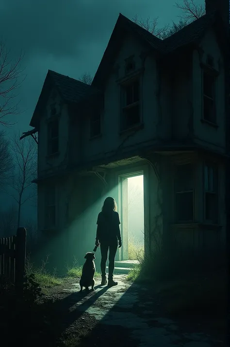 The dogs owner, standing outside the old, creepy house, hesitates before stepping inside. The abandoned house is dark, with broken windows and overgrown plants crawling up the walls. Inside, there’s dim light revealing dusty furniture and mysterious shadow...