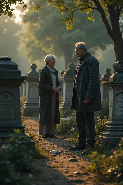 Fernando in a cemetery with his brother&#39;s tombstones and an old woman near him 