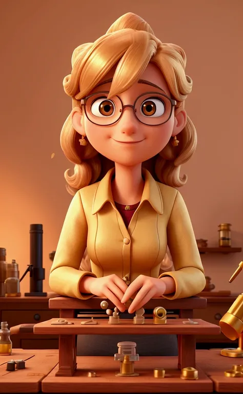 3D cartoon that identifies the character from the image clue: friendly female scientist meticulously analyzing whether or not the metal in question is gold and the quality of the gold (quilates), with physical-chemical analysis equipment, staring through t...