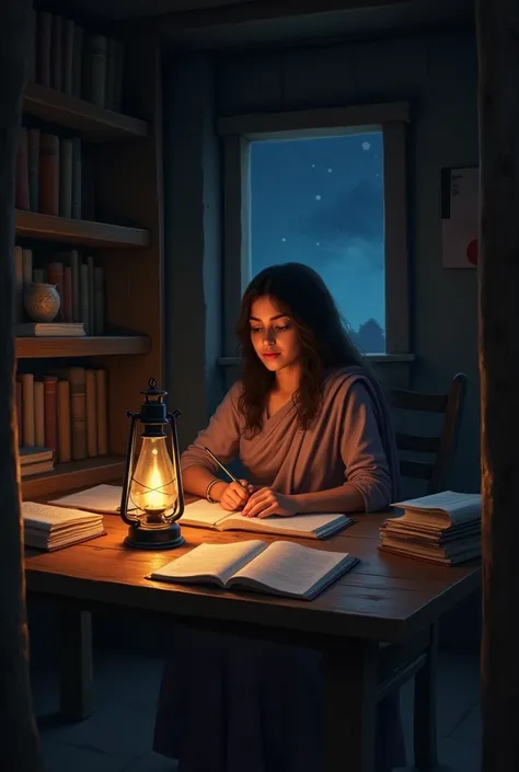 A dimly lit room in a simple village house, with Raveena sitting at a wooden table under the soft glow of a lantern. She is surrounded by open books and notebooks, studying with focus and determination. The atmosphere is quiet, with the night sky visible t...