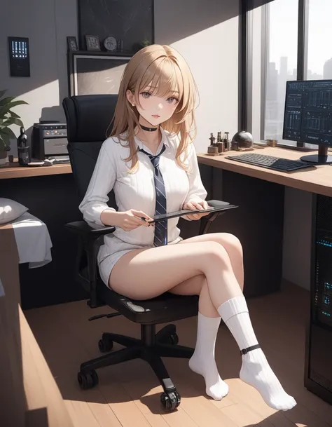 nsfw, White ribbed ankle socks. Build something amazing, Black choker, blonde、Brown Hair　Cheeky female model.tie.Private Server.Sitting in a room at home.