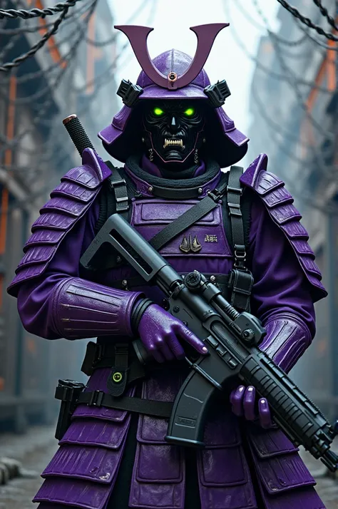 Samurai in purple armor, with fluorescent green details on it, black hannya mask with white fangs in his hands a machine gun and barbed wire background 