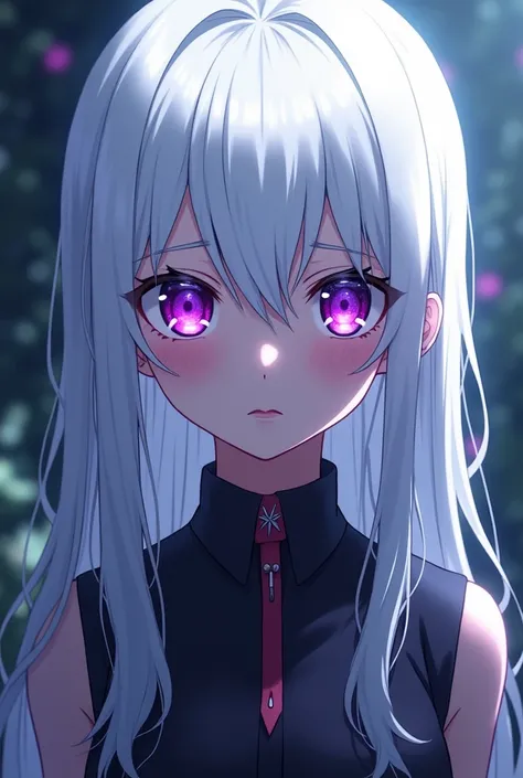 Make an eleven year old girl have white hair, platinum skin, purple eyes in the style of the anime Dagaronpa. 