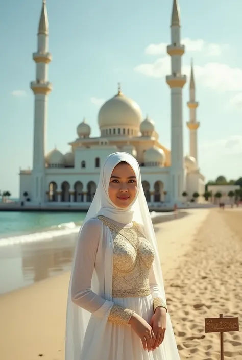 A photography of beautiful malay hijab woman is wearing white gold luxury dress clothes. She was standing behind beautiful mosque at the beach. The mini board saying " AI ART HAZRIN RYNN"