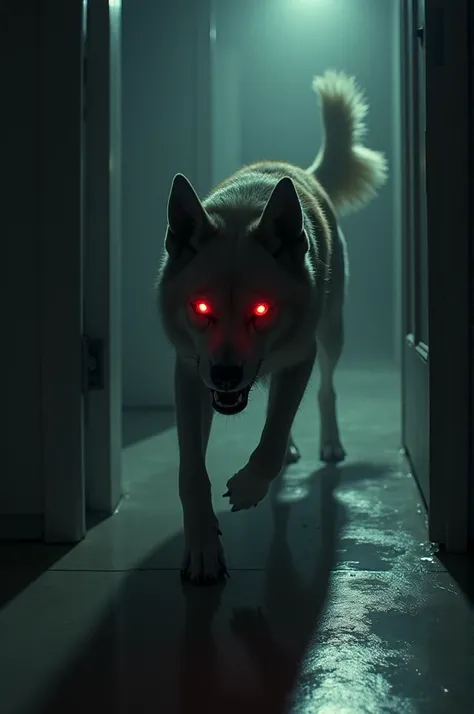 The dog, with glowing red eyes and a menacing expression, begins to slowly walk toward its owner. Each step is deliberate, the soft padding of its paws contrasting with the eerie silence in the room. The dog’s shadow stretches out behind it, distorted and ...