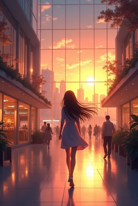 Sunset, city, mall, long-haired girl