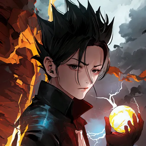 Seeing from the right, adult male, a character up to the waist, holding a black dark sphere of energy with lightning parts like a lightning bolt illuminating around the sphere and in the middle of it, as if it were destroying the sphere and dodging, but it...