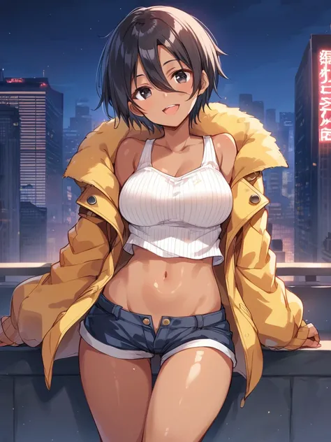 Highest quality, Highest quality, Score_9, score_8_up,source_anime, artstation, grandeur, intricate-details, depth-of-view, flatshading,illustration,pinup,BREAK 1girl,smaller girl,teen,very short hair,black hair,(hair between eyes:1.3), (Shiny skin:1.2),(P...