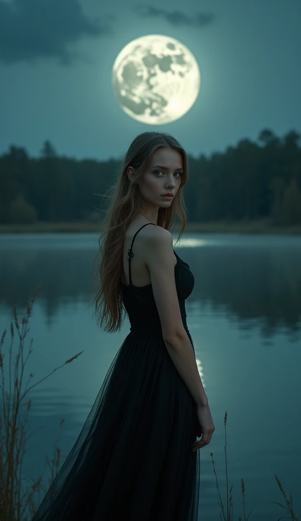 A stunningly beautiful 2 Russian woman with delicate, fine features and striking elf-like ears, standing alone by a calm, moonlit lake under the full moon. Her long, silky hair flows freely, its natural light brown color catching the soft glow of the moonl...