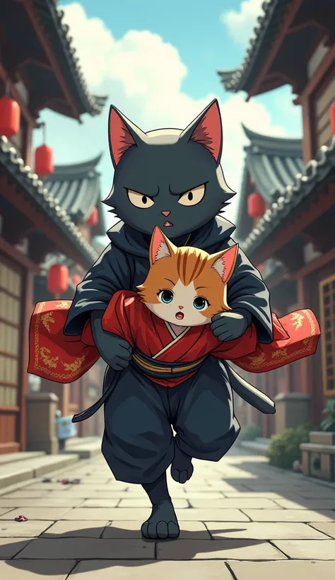 humanoid gray male ninja cat kidnapped a female cat and running ti carry her in the town like japanese style, female cat wear red colour kimono ,she is crying 