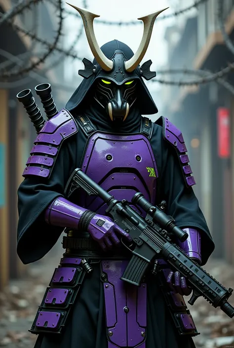 Cyborg samurai in purple armor undersuit black clothing, with fluorescent green details on it, black hannya mask with white boar tusks in his hands a machine gun and barbed wire background (He doesn&#39;t look like a samurai to me)