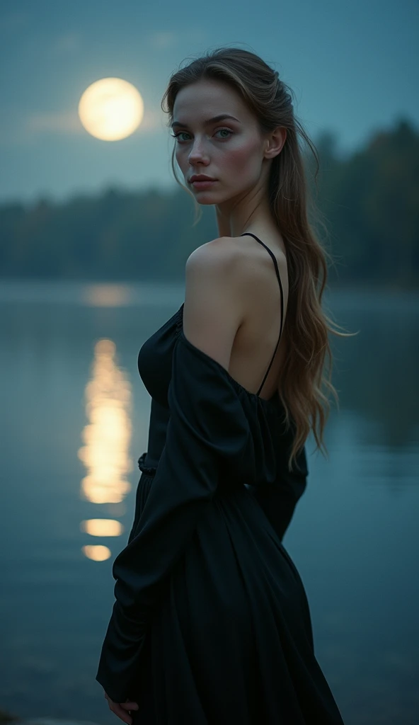 A stunningly beautiful 2 Russian woman with delicate, fine features and striking elf-like ears, standing alone by a calm, moonlit lake under the full moon. Her long, silky hair flows freely, its natural light brown color catching the soft glow of the moonl...