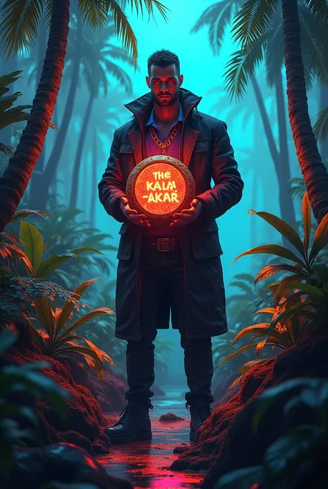 A men stand in neon Jungle He is holding costly element who is very shiny and "the Kalaakaar" name written on this shining costly element. Make the 4 varities of this prompt 
