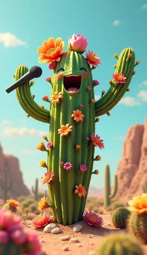 "A cactus shaped like a person is singing. The cactus has flowers blooming on its head and body, forming the figure of a human. One arm is raised as if holding a microphone, and the expression of the cactus is joyful, as if it’s lost in the music. The scen...