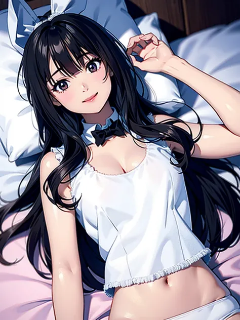 4k, bestquality, detailed, detailed scenery, detailed eyes, 1Girl, cute, adorable, straight hair, long hair, black hair, brown eyes, cleavage, smiling, Looking at the camera, at Bedroom, night, tube top, lying on bed, (on back:1.3), (put head on pillow:1.3...